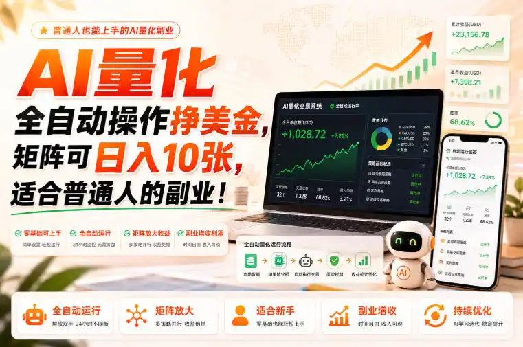 AI量化全自动操作挣美金，矩阵可日入10张，适合普通人的副业！【揭秘】-小创项目网