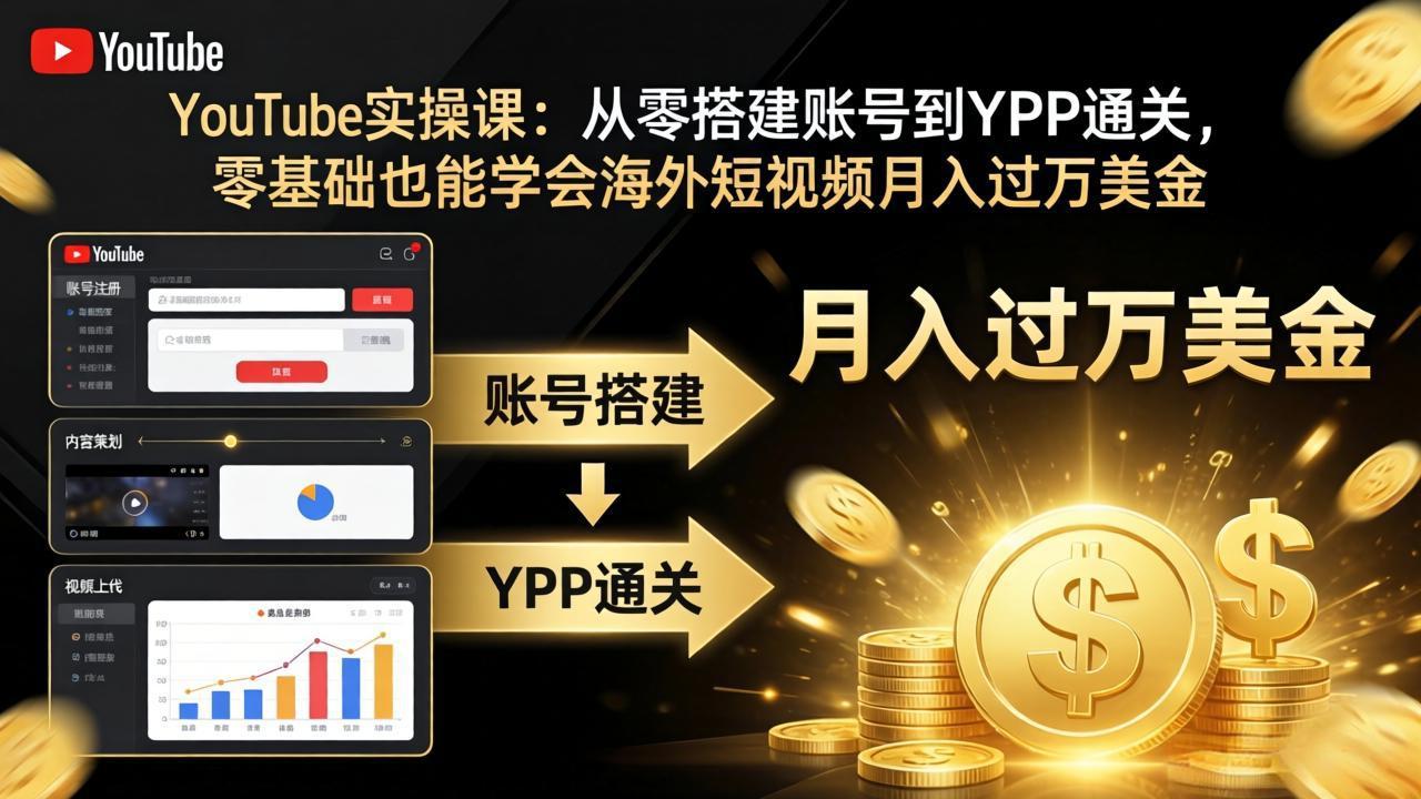 YouTube实操课：从零搭建账号到YPP通关，零基础也能学会海外短视频月入过万美金-小创项目网