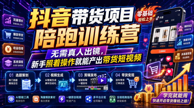 抖音带货项目陪跑训练营，无需真人出镜，新手照着操作就能产出带货短视频-小创项目网