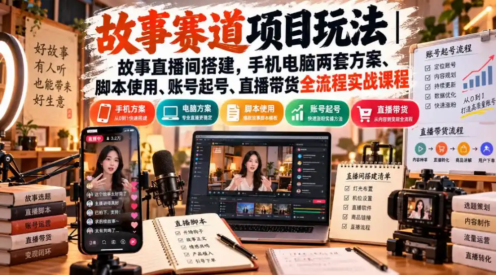 故事赛道项目玩法｜故事直播间搭建，手机电脑两套方案、脚本使用、账号起号、直播带货全流程实战课程-小创项目网