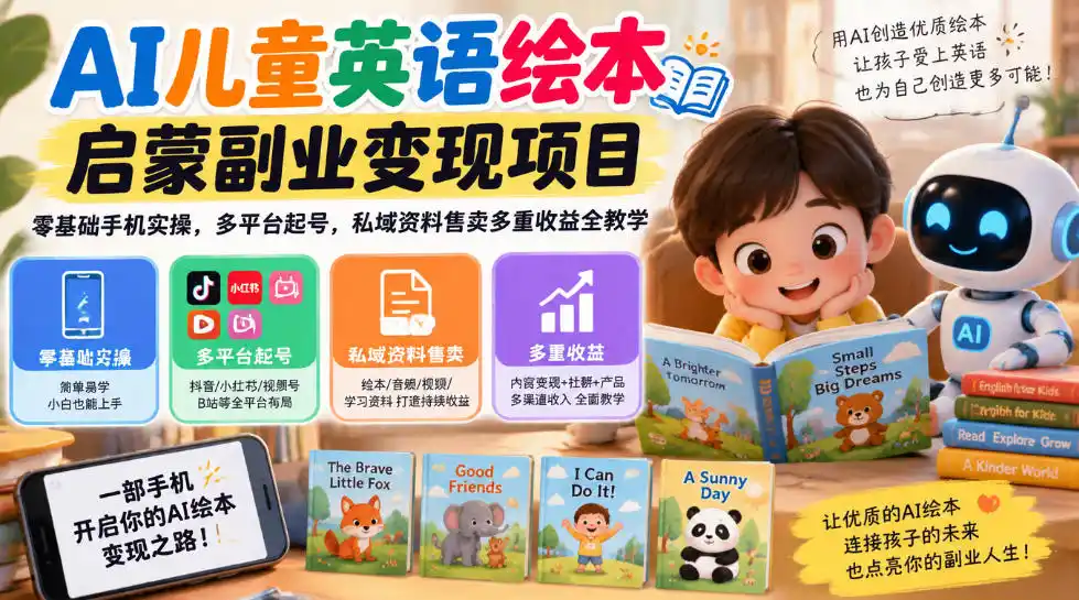 AI儿童英语绘本启蒙副业变现项目，零基础手机实操，多平台起号，私域资料售卖多重收益全教学-小创项目网
