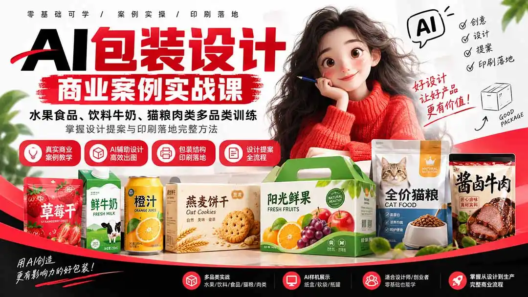 AI包装设计商业案例实战课：水果食品、饮料牛奶、猫粮肉类多品类训练，掌握设计提案与印刷落地完整方法-小创项目网