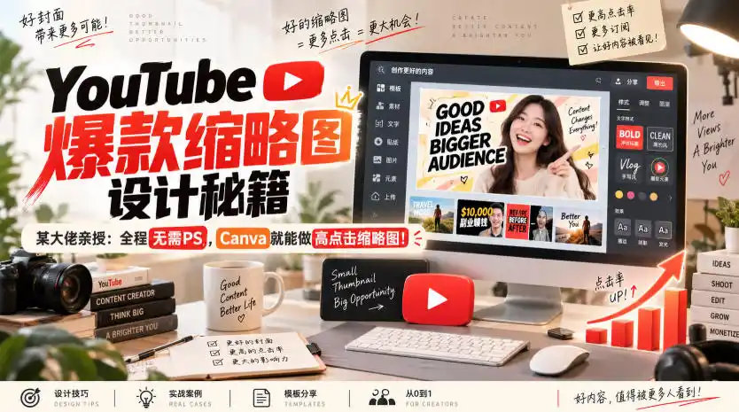 YouTube爆款缩略图设计秘籍，某油管大佬(610万订阅者)亲授，全程无需PS，Canva就能做高点击缩略图！【原创双语字幕】-小创项目网