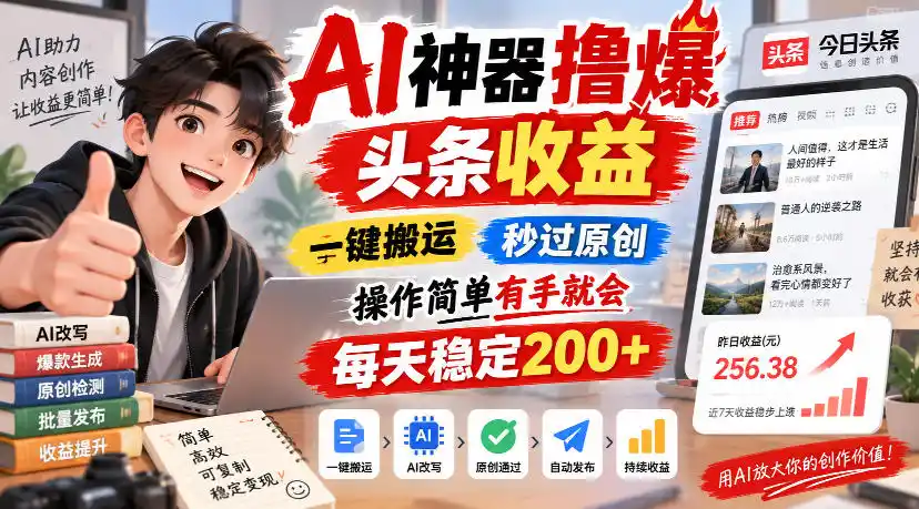 AI神器撸爆头条收益，一键搬运，秒过原创，操作简单有手就会，每天稳定200+【揭秘】-小创项目网