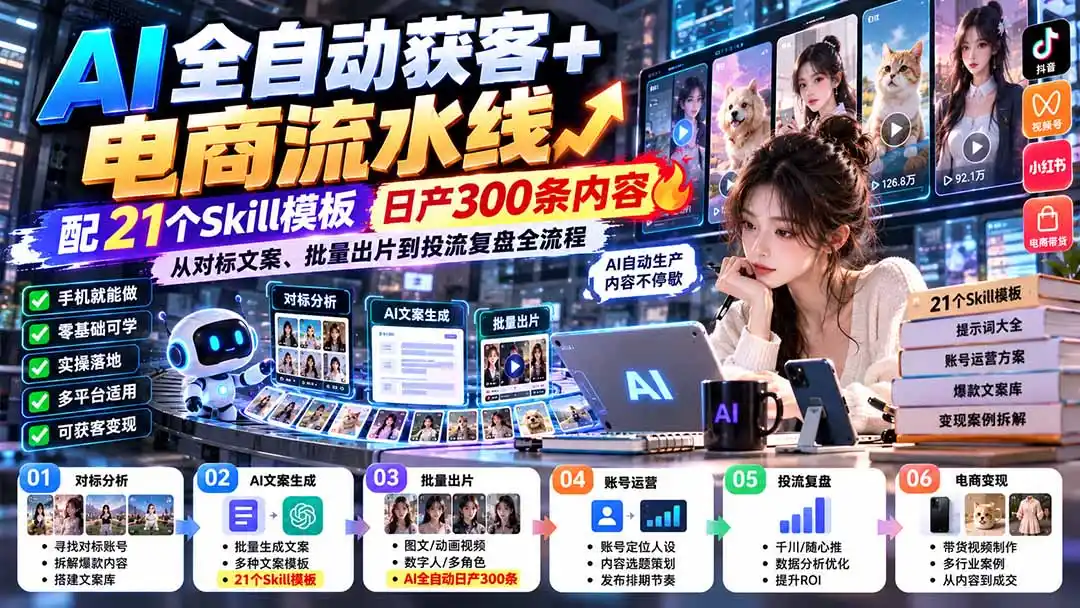 【无水印】AI全自动获客+电商流水线：配21个Skill模板，日产300条内容，从对标文案、批量出片到投流复盘全流程-小创项目网