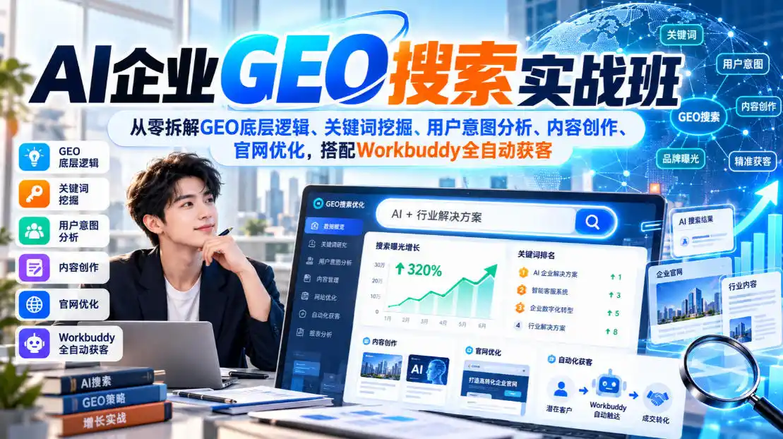 AI企业GEO搜索实战班，从零拆解GEO底层逻辑、关键词挖掘、用户意图分析、内容创作、官网优化，搭配Workbuddy全自动获客-小创项目网