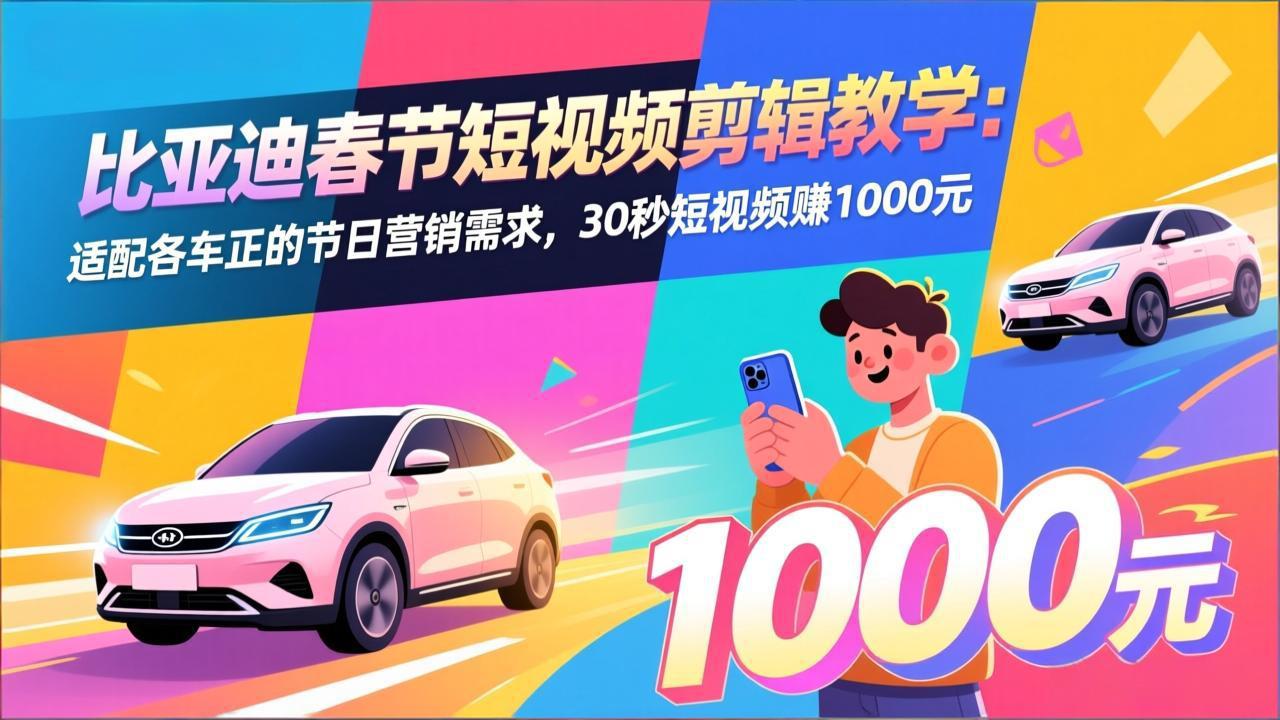 比亚迪春节短视频剪辑教学：适配各车企的节日营销需求，30秒短视频赚1000元-小创项目网