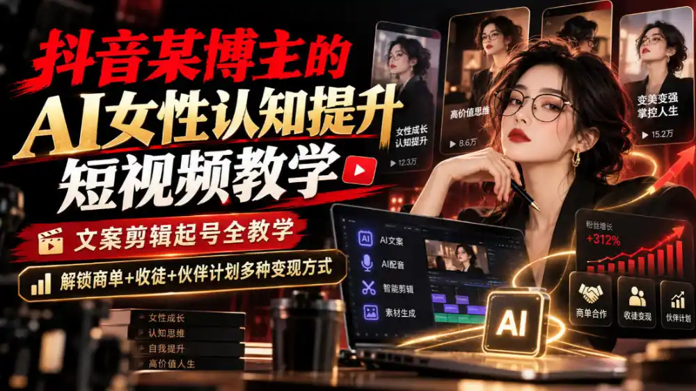 抖音某博主的Ai女性认知提升短视频教学，文案剪辑起号全教学，解锁商单+收徒+伙伴计划多种变现方式-小创项目网