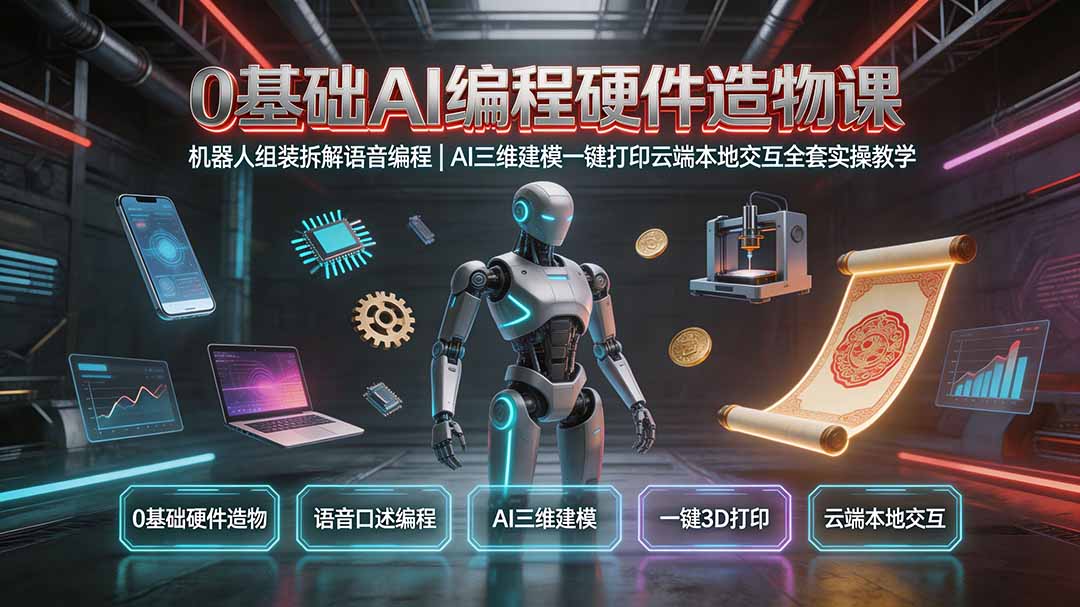 0基础AI编程硬件造物课｜机器人组装拆解语音编程，AI三维建模一键打印云端本地交互全套实操教学-小创项目网