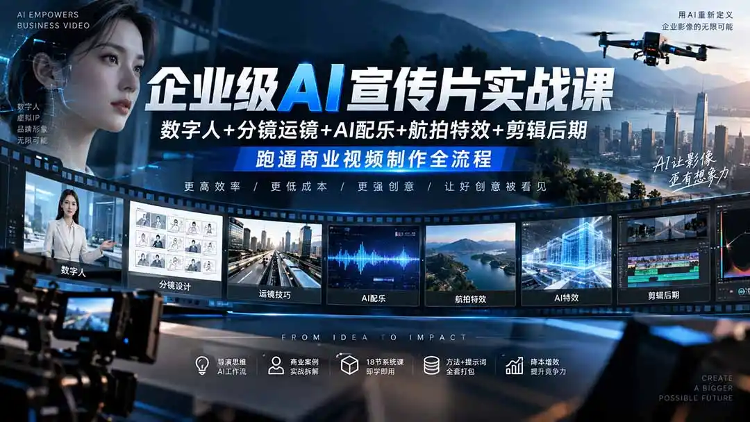 企业级AI宣传片实战课｜数字人+分镜运镜+AI配乐+航拍特效+剪辑后期，跑通商业视频制作全流程-小创项目网
