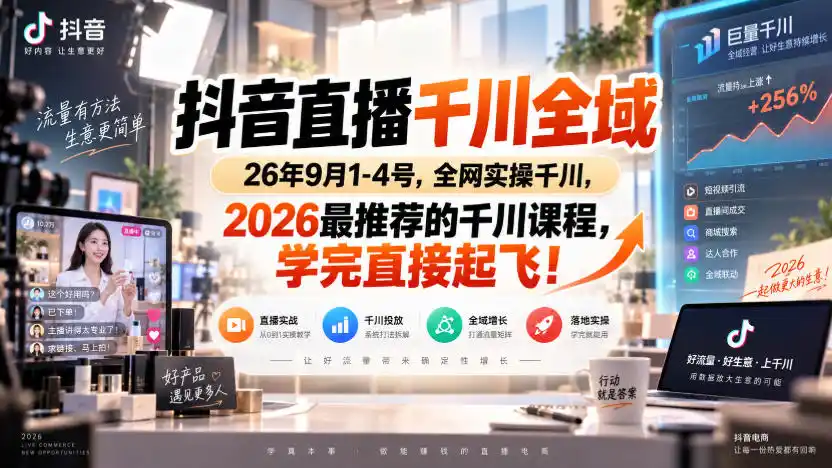 抖音直播千川全域26年9月1-4号，全网实操千川，2026最推荐的千川课程，学完直接起飞！-小创项目网