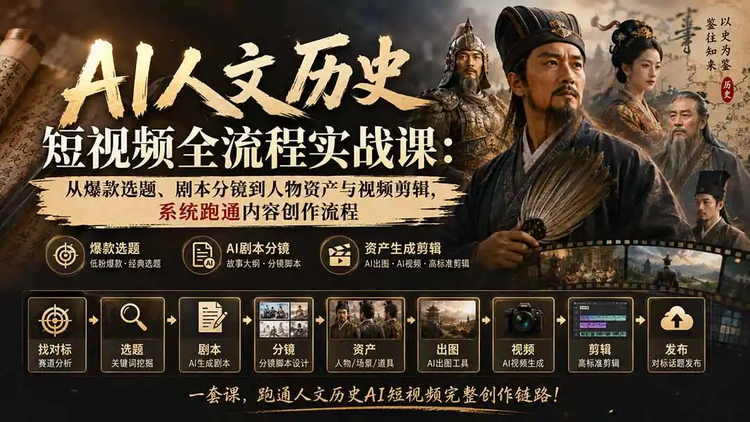 AI人文历史短视频全流程实战课-更新：从爆款选题、剧本分镜到人物资产与视频剪辑，系统跑通内容创作流程-小创项目网