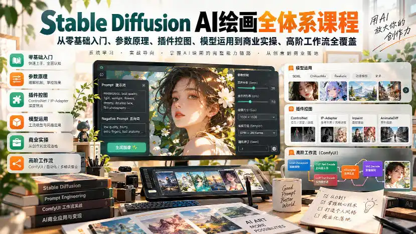 【无水印】Stable Diffusion AI绘画全体系课程，从零基础入门、参数原理、插件控图、模型运用到商业实操、高阶工作流全覆盖-小创项目网