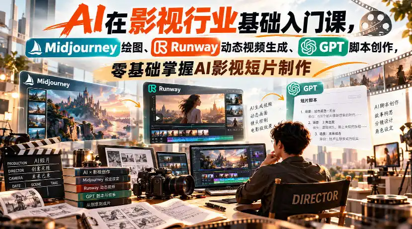 【无水印】AI在影视行业基础入门课，Midjourney绘图、Runway动态视频生成、GPT脚本创作，零基础掌握AI影视短片制作-小创项目网