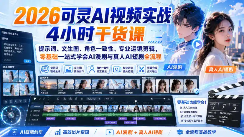 2026可灵AI视频实战4小时干货课｜提示词、文生图、角色一致性、专业运镜剪辑，零基础一站式学会AI漫剧与真人AI短剧全流程-小创项目网