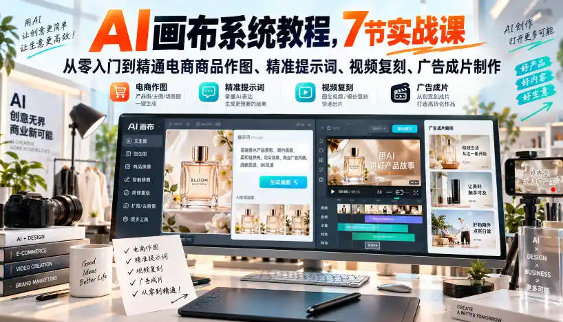 AI画布系统教程，7节实战课从零入门到精通电商商品作图、精准提示词、视频复刻、广告成片制作-小创项目网