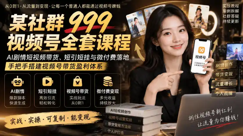 某社群999视频号全套课程，AI剧情短视频带货、短引短挂与微付费落地，手把手搭建视频号带货盈利体系-小创项目网