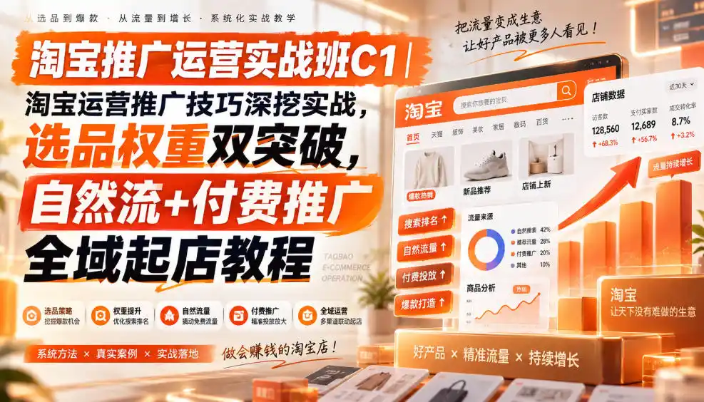 淘宝推广运营实战班C1｜淘宝运营推广技巧深挖实战，选品权重双突破，自然流+付费推广全域起店教程-小创项目网