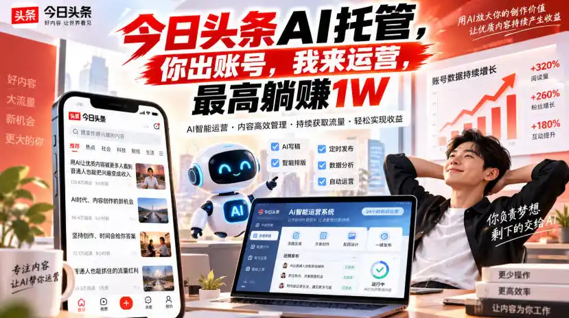 今日头条AI托管，你出账号，我来运营，最高躺賺1W【揭秘】-小创项目网