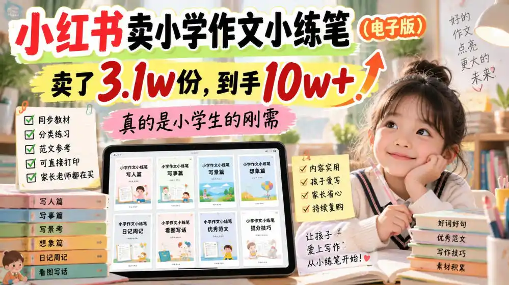 小红书卖小学作文小练笔(电子版)，卖了3.1w份，到手10w+，真的是小学生的刚需-小创项目网