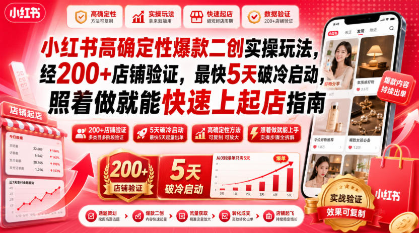 小红书高确定性爆款二创实操玩法，经200+店铺验证，最快5天破冷启动，照着做就能快速上起店指南-小创项目网