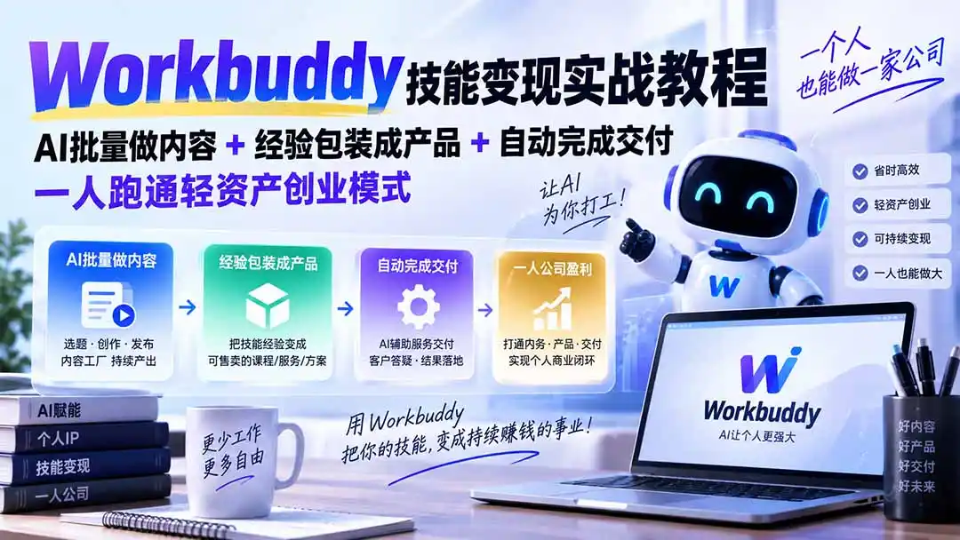 Workbuddy技能变现实战教程：AI批量做内容+经验包装成产品+自动完成交付，一人跑通轻资产创业模式-小创项目网