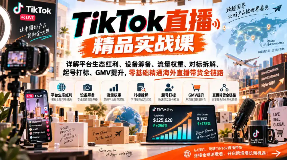 TikTok直播精品实战课，详解平台生态红利、设备筹备、流量权重、对标拆解、起号打标、GMV提升，零基础精通海外直播带货全链路-小创项目网
