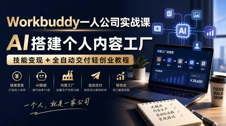 Workbuddy一人公司实战课，AI搭建个人内容工厂，技能变现+全自动交付轻创业教程-小创项目网