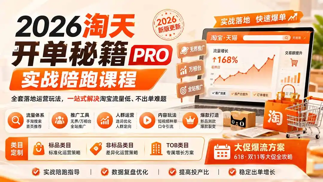 2026淘天开单秘籍PRO实战陪跑课程-更新1012：全套落地运营玩法，一站式解决淘宝流量低、不出单难题-小创项目网