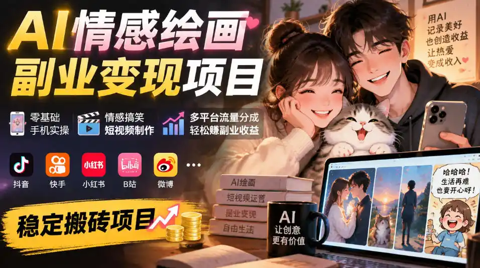 AI情感绘画副业变现项目｜零基础手机实操，情感搞笑短视频制作，多平台流量分成轻松賺副业收益-小创项目网