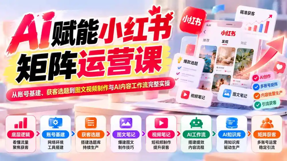 AI赋能小红书矩阵运营课：从账号基建、获客选题到图文视频制作与AI内容工作流完整实操-小创项目网