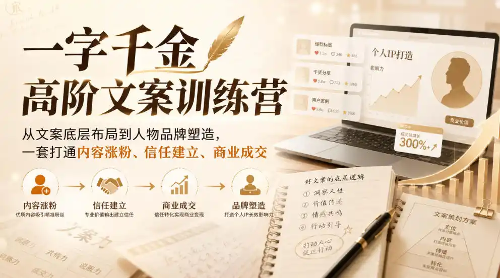 一字千金高阶文案训练营，从文案底层布局到人物品牌塑造，一套打通内容涨粉、信任建立、商业成交-小创项目网