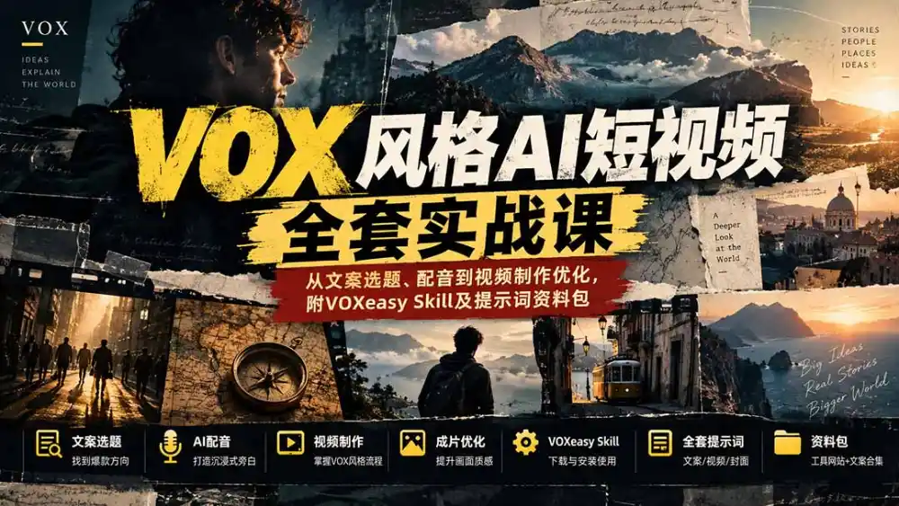 【无水印】VOX风格AI短视频全套实战课：从文案选题、配音到视频制作优化，附VOXeasy Skill及提示词资料包-小创项目网