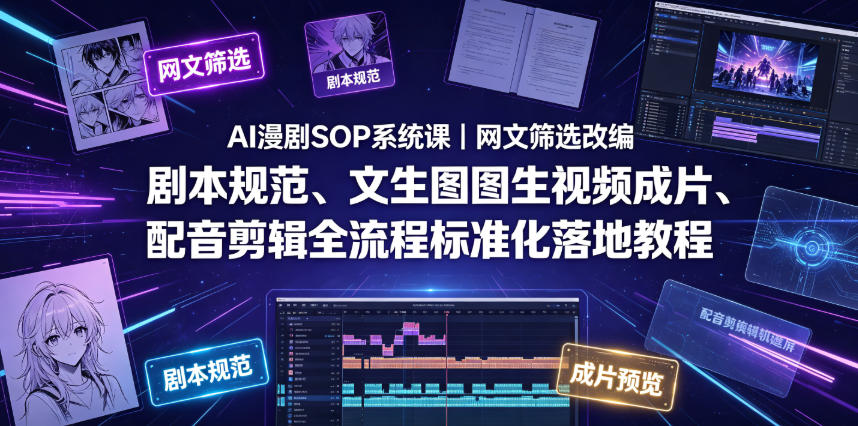 AI漫剧SOP系统课｜网文筛选改编、剧本规范、文生图图生视频成片、配音剪辑全流程标准化落地教程-小创项目网