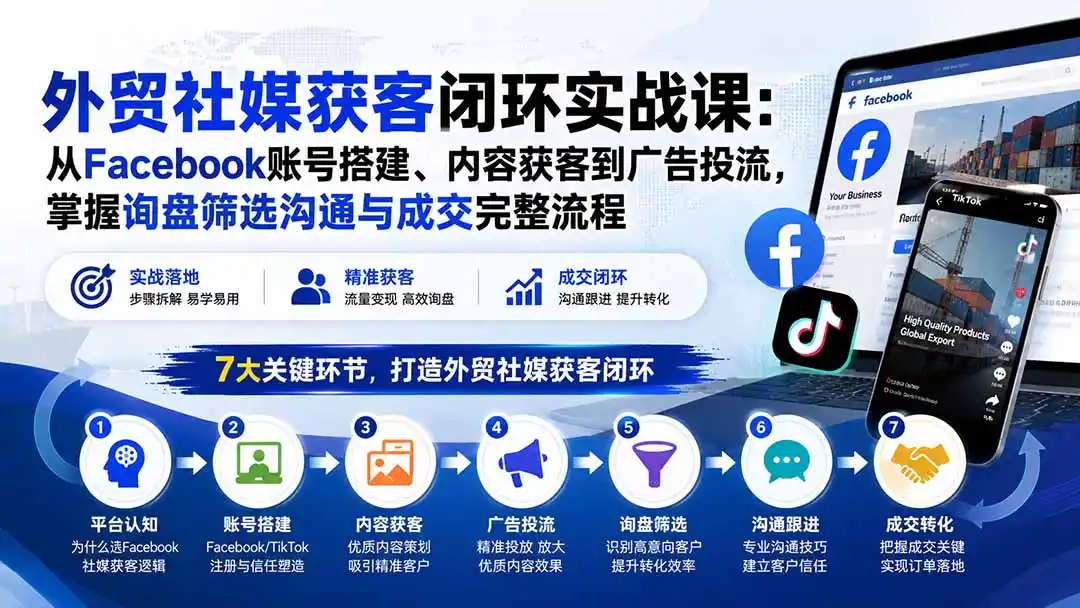 外贸社媒获客闭环实战课：从Facebook账号搭建、内容获客到广告投流，掌握询盘筛选沟通与成交完整流程-小创项目网