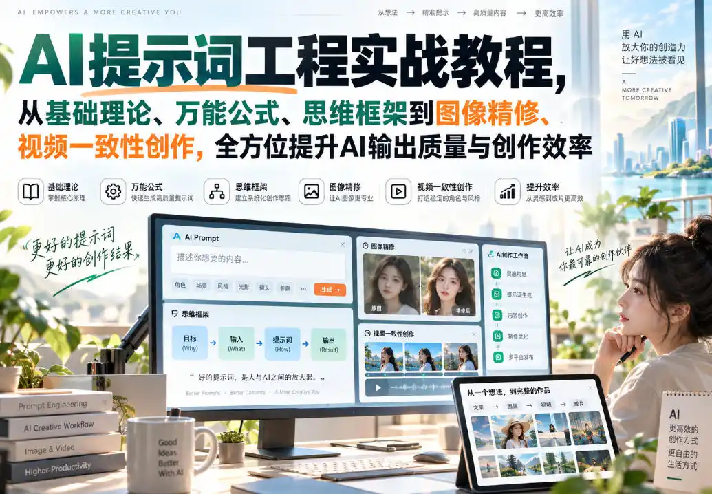 AI提示词工程实战教程，从基础理论、万能公式、思维框架到图像精修、视频一致性创作，全方位提升AI输出质量与创作效率-小创项目网