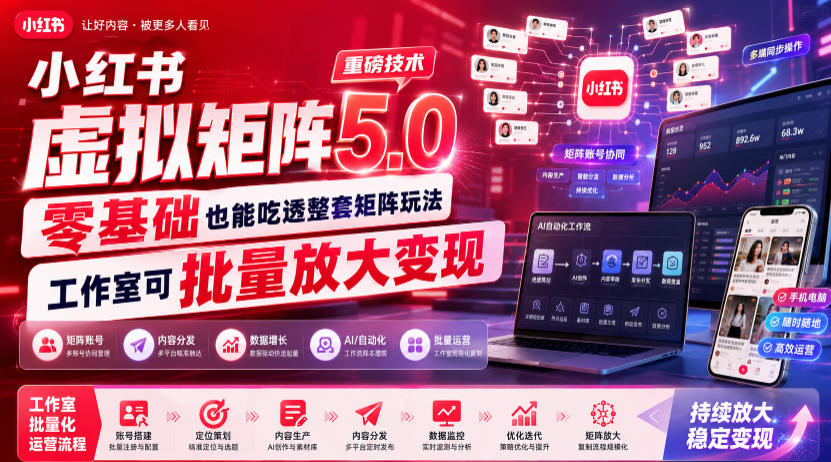 小红书虚拟矩阵5.0重磅技术，零基础也能吃透整套矩阵玩法，工作室可批量放大变现-小创项目网