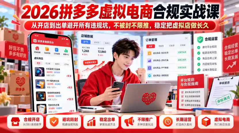 2026拼多多虚拟电商合规实战课，从开店到出单避开所有违规坑，不被封不限推，稳定把虚拟店做长久-小创项目网
