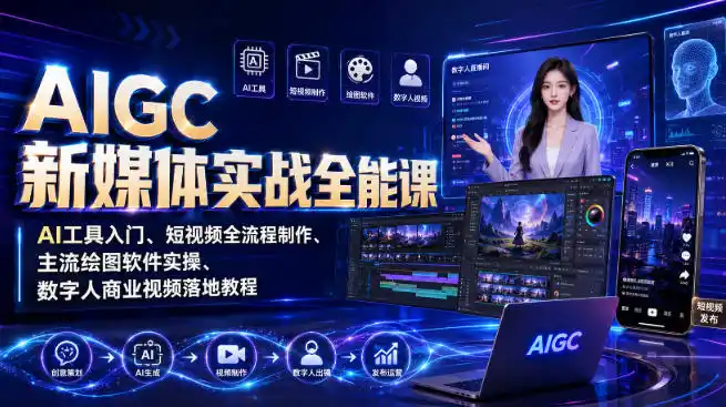 AIGC新媒体实战全能课｜AI工具入门、短视频全流程制作、主流绘图软件实操、数字人商业视频落地教程-小创项目网