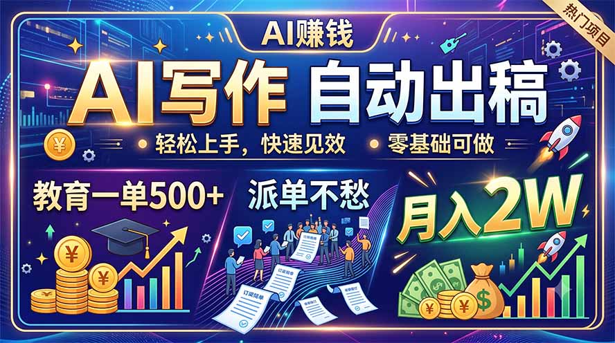 AI写作自动出稿，教育一单500+，派单不愁，月入2W-小创项目网