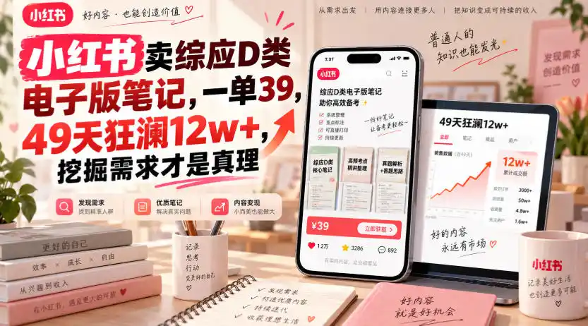 小红书卖综应D类电子版笔记，一单39，49天狂澜12w+，挖掘需求才是真理-小创项目网