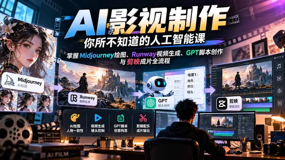 【无水印】AI影视制作-你所不知道的人工智能课，掌握Midjourney绘图、Runway视频生成、GPT脚本创作与剪映成片全流程-小创项目网