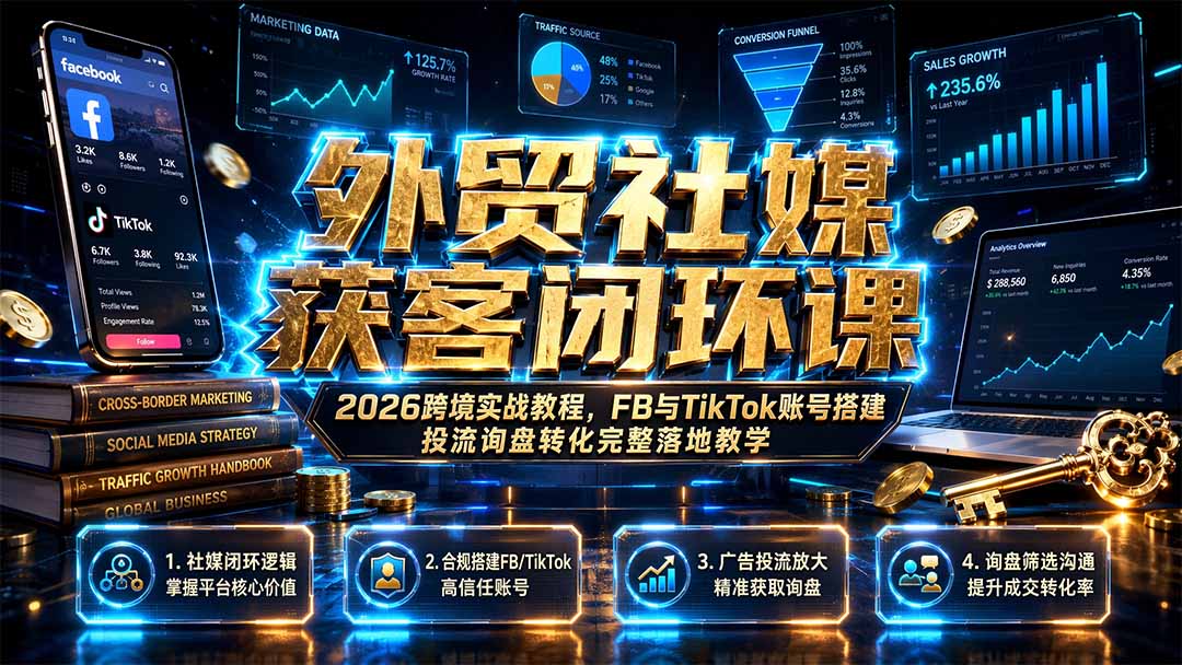 外贸社媒获客闭环课｜2026跨境实战教程，FB与TikTok账号搭建投流询盘转化完整落地教学-小创项目网