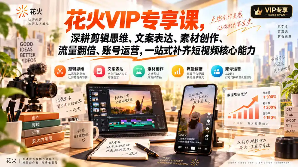 花火VIP专享课，深耕剪辑思维、文案表达、素材创作、流量翻倍、账号运营，一站式补齐短视频核心能力-小创项目网