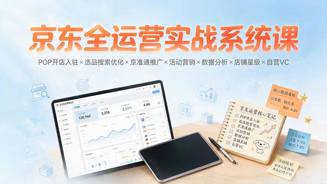 京东全运营实战系统课：POP开店入驻×选品搜索优化×京准通推广×活动营销×数据分析×店铺星级×自营VC-小创项目网