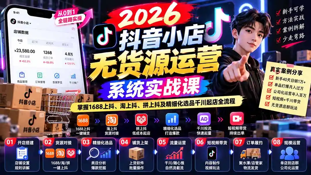 【无水印】2026抖音小店无货源运营系统实战课：掌握1688上抖、淘上抖、拼上抖及精细化选品千川起店全流程-小创项目网