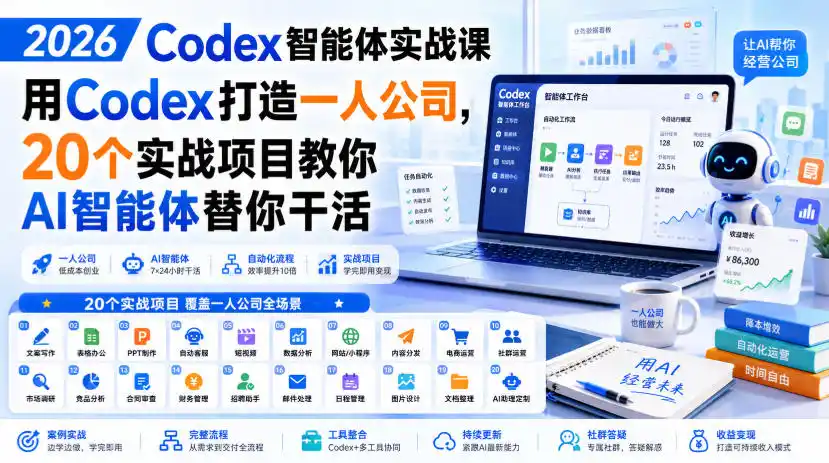 2026 Codex智能体实战课，用Codex打造一人公司，20个实战项目教你AI智能体替你干活-小创项目网