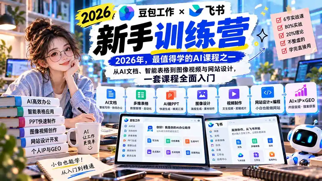2026豆包工作+飞书新手训练营-9月新课：从AI文档、智能表格到图像视频与网站设计，一套课程全面入门-小创项目网