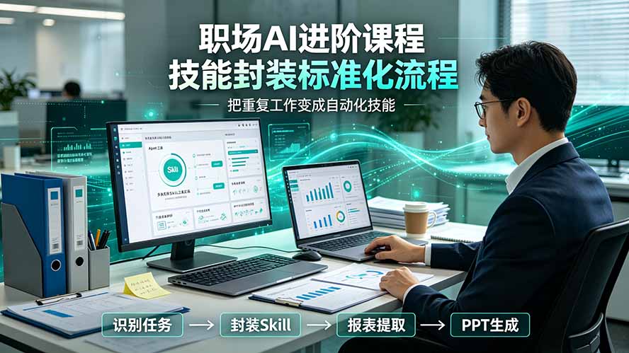 职场AI进阶课程；多类实用Skill工具实操，专属技能封装标准化流程，报表行业报告一键提取核心内容-小创项目网