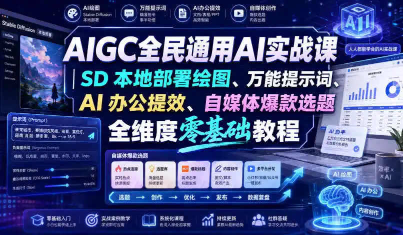 AIGC全民通用AI实战课｜SD本地部署绘图、万能提示词、AI办公提效、自媒体爆款选题全维度零基础教程-小创项目网